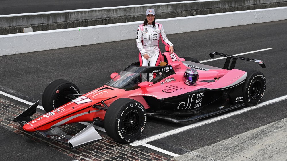 Race care driver Katherine Legge in her E.l.f. sponsored car at the 2024 Indy 500.